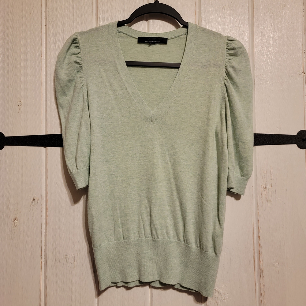 White House Black Market Sweater Light Green V-Neck Cashmere Puff Sleeve Size M